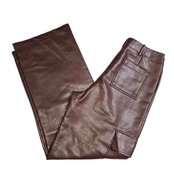 WAYF Brown Faux Leather Wide Leg Fall Cargo Pants Size Med Like New - Picture 1 of 12